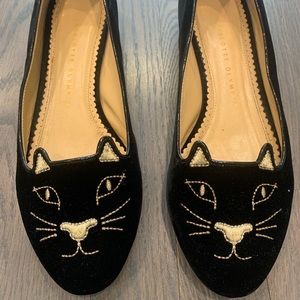 Charlotte Olympia Velvet Kitty Flats Black and Gold Black Size 37.5
